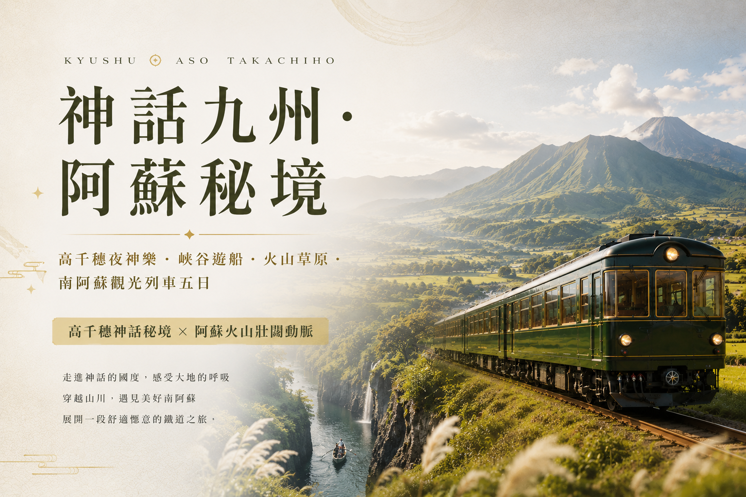 【神話九州．阿蘇秘境】 高千穗夜神樂・ 峽谷遊船 ・ 火山草原・南阿蘇觀光列車五日 高千穗神話秘境 × 阿蘇火山壯闊動脈